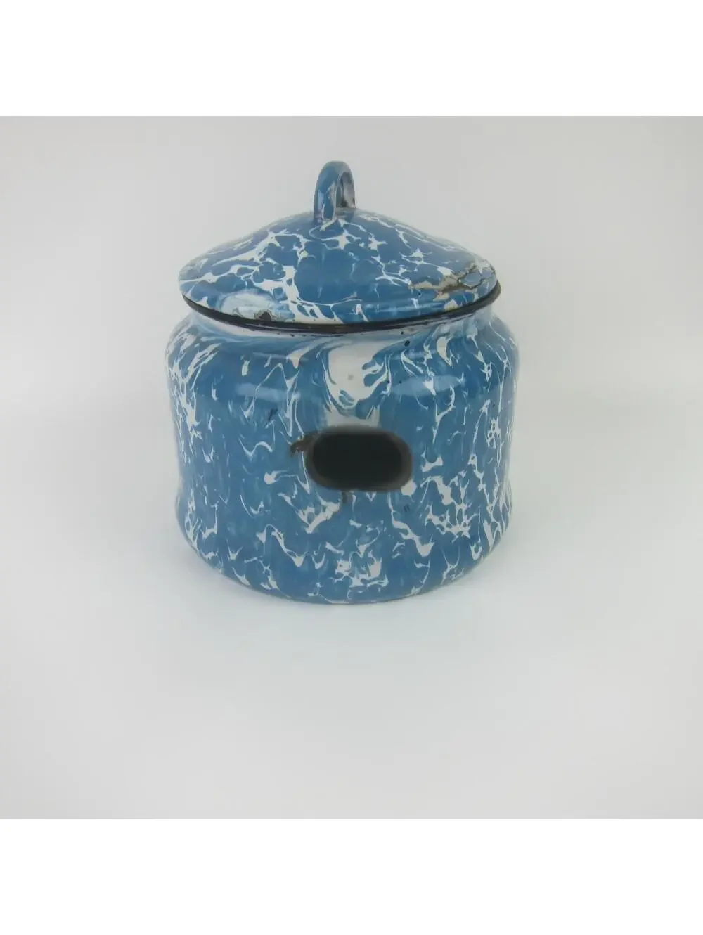 Antique Graniteware Enamelware Pot Blue & White Swirl with Lid Preserving Kettle - Picture 6 of 10